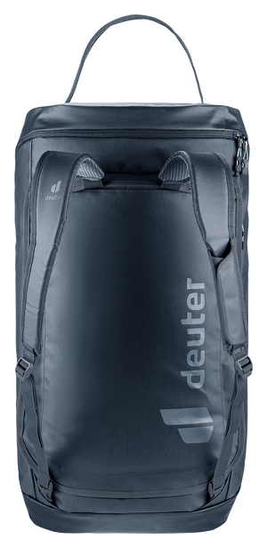 Deuter Duffel Pro Roller 90 upright with stowable shoulder straps on the back panel