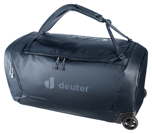 Deuter Duffel Pro Roller 90 in Black lying on its side, three-quarter view
