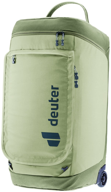 Deuter Duffel Pro Roller 90 in Mineral Grove, sage green with navy wheels, standing upright