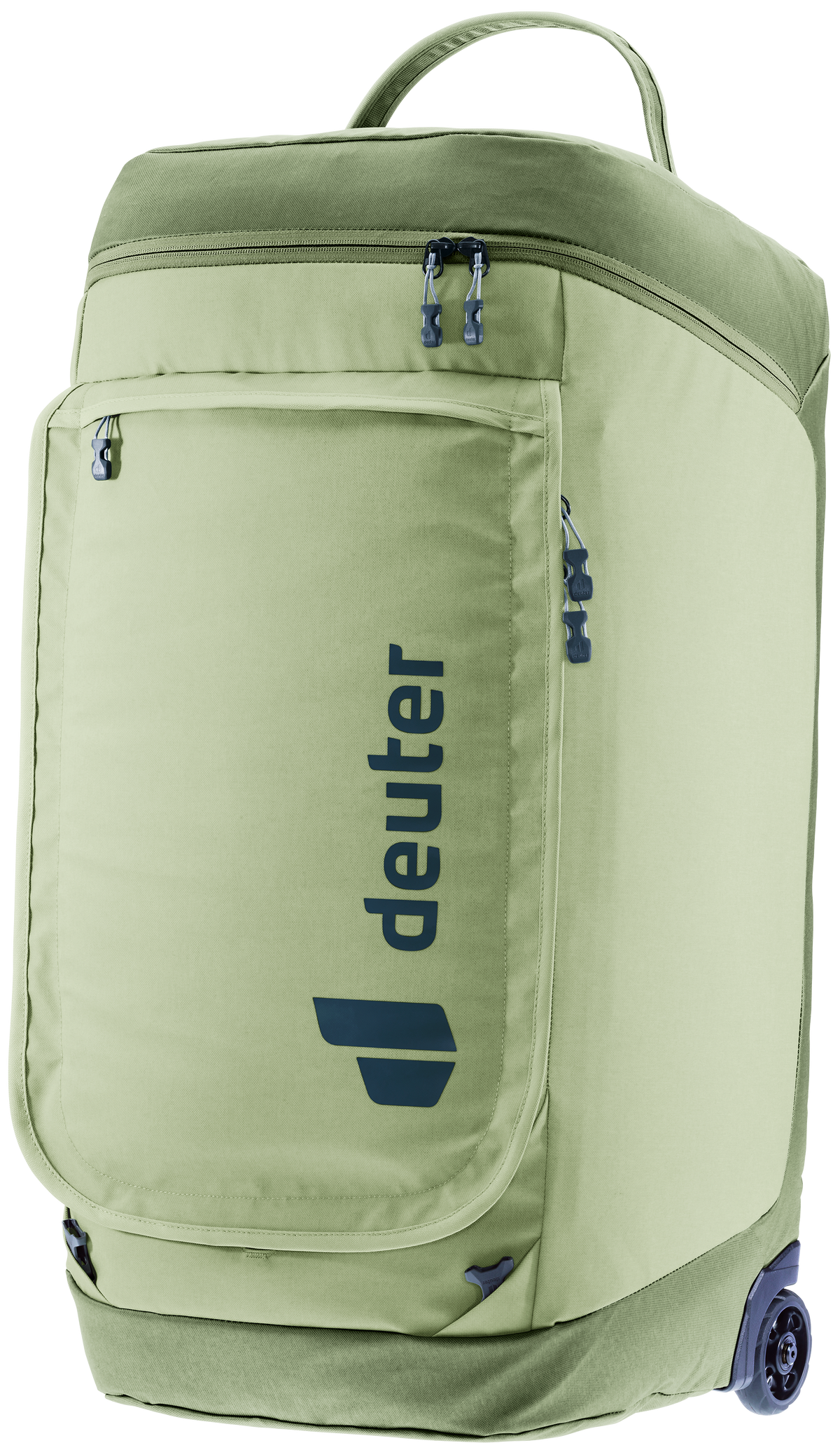 Deuter Duffel Pro Roller 90 in Mineral Grove, sage green with navy wheels, standing upright