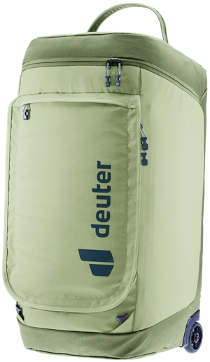 Deuter Duffel Pro Roller 90 in Mineral Grove, sage green with navy wheels, standing upright