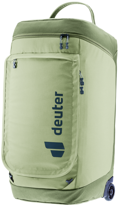 Deuter Duffel Pro Roller 90 in Mineral Grove, sage green with navy wheels, standing upright