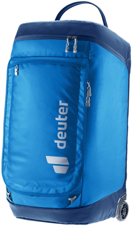 Deuter Duffel Pro Roller 90 in Neptune Nightblue, bright blue with navy trim, standing upright