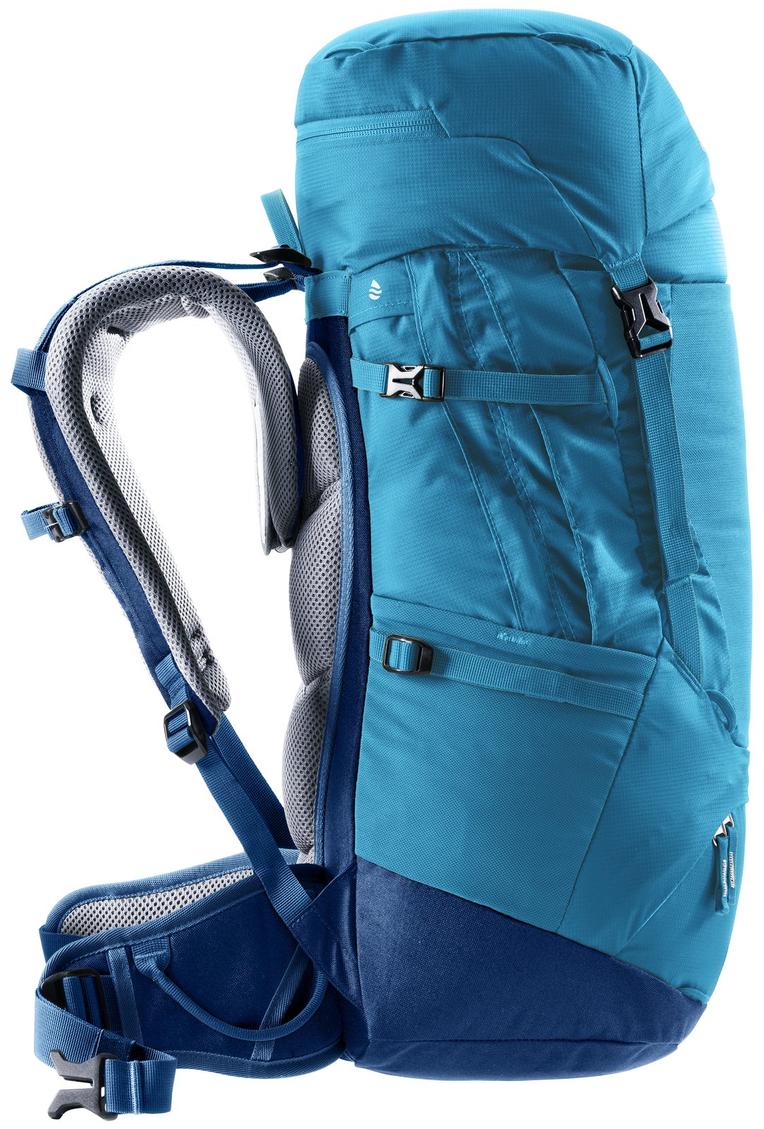Deuter Fox 30 in Wave Nightblue, side profile with S-shaped shoulder strap and compression strap