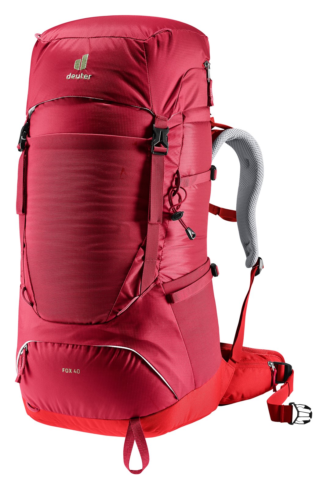 Deuter Fox 40 in Masala Cherry, red kids' trekking pack with hip fins