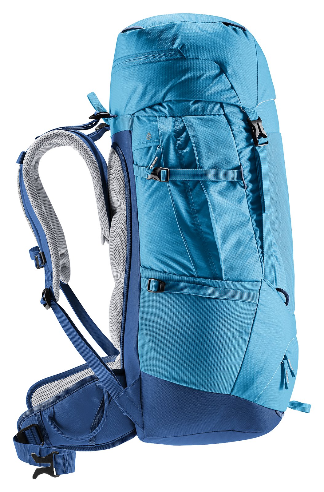 Deuter Fox 40 in Wave Nightblue, side profile with stretch side pocket and compression straps