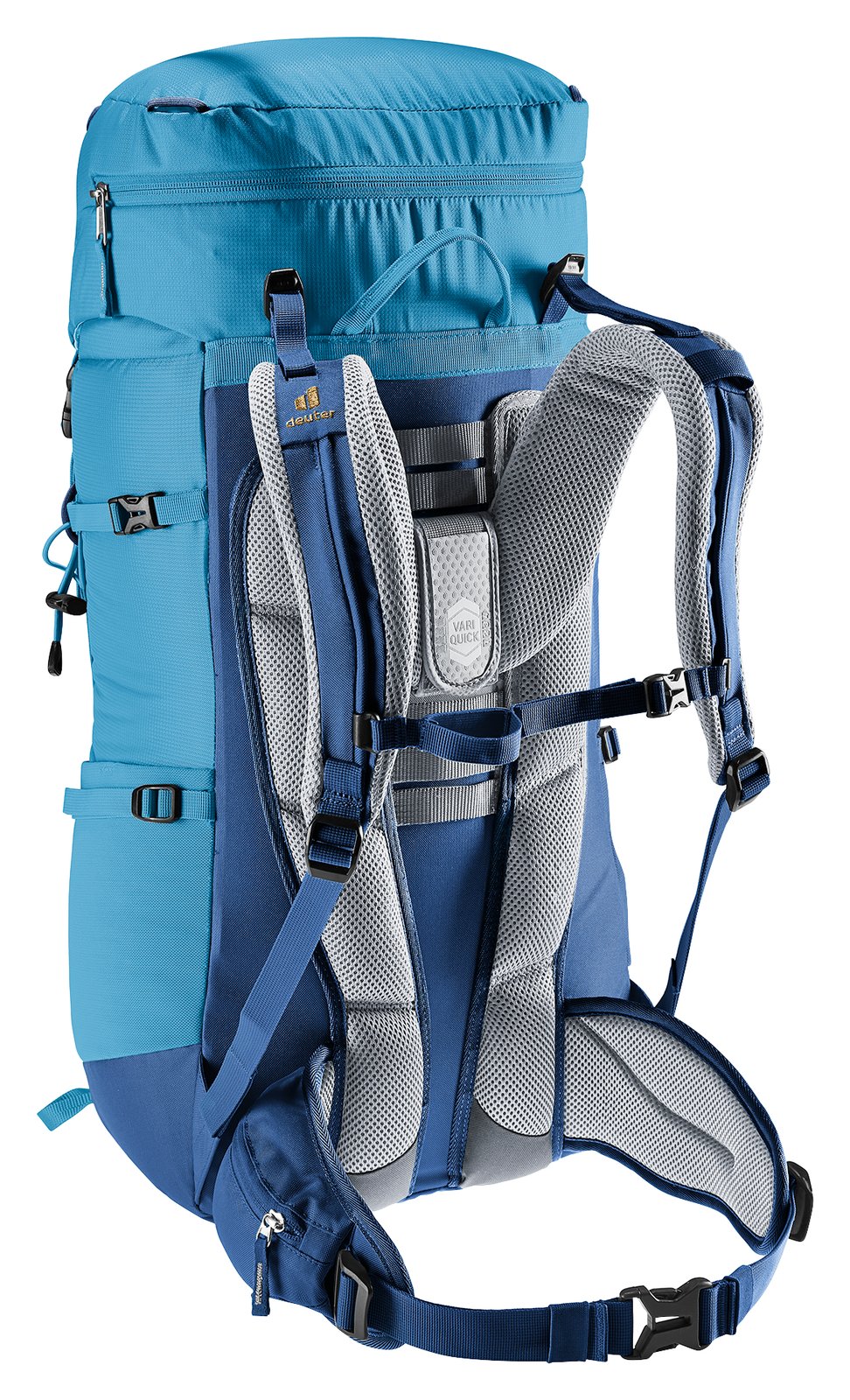 Deuter Fox 40 rear three-quarter view of the VariQuick harness and stabiliser straps