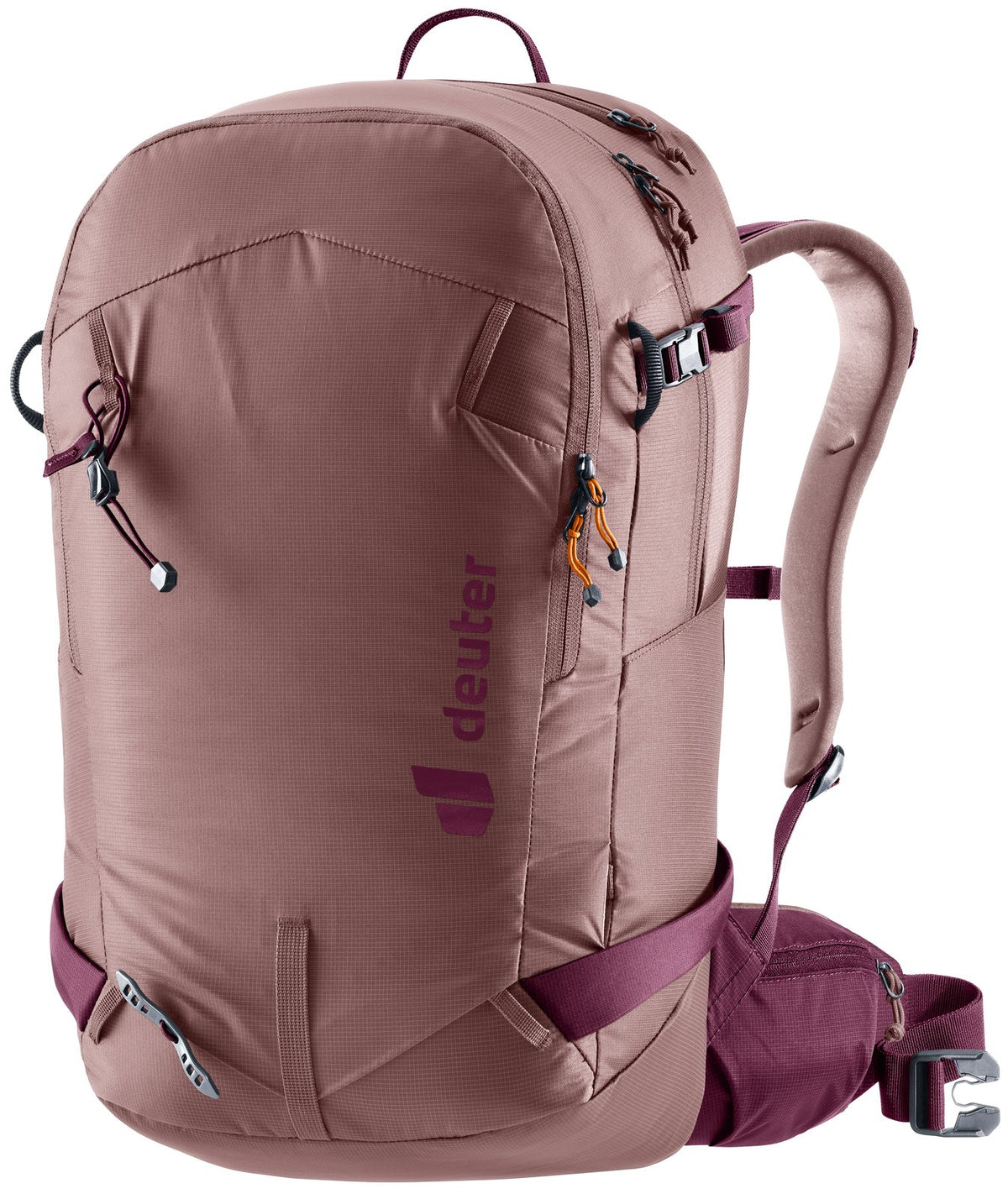 Deuter Freerider 22 SL in Ashrose Cassis, dusty pink ski pack with plum straps and hip fins