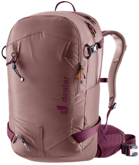 Deuter Freerider 22 SL in Ashrose Cassis, dusty pink ski pack with plum straps and hip fins