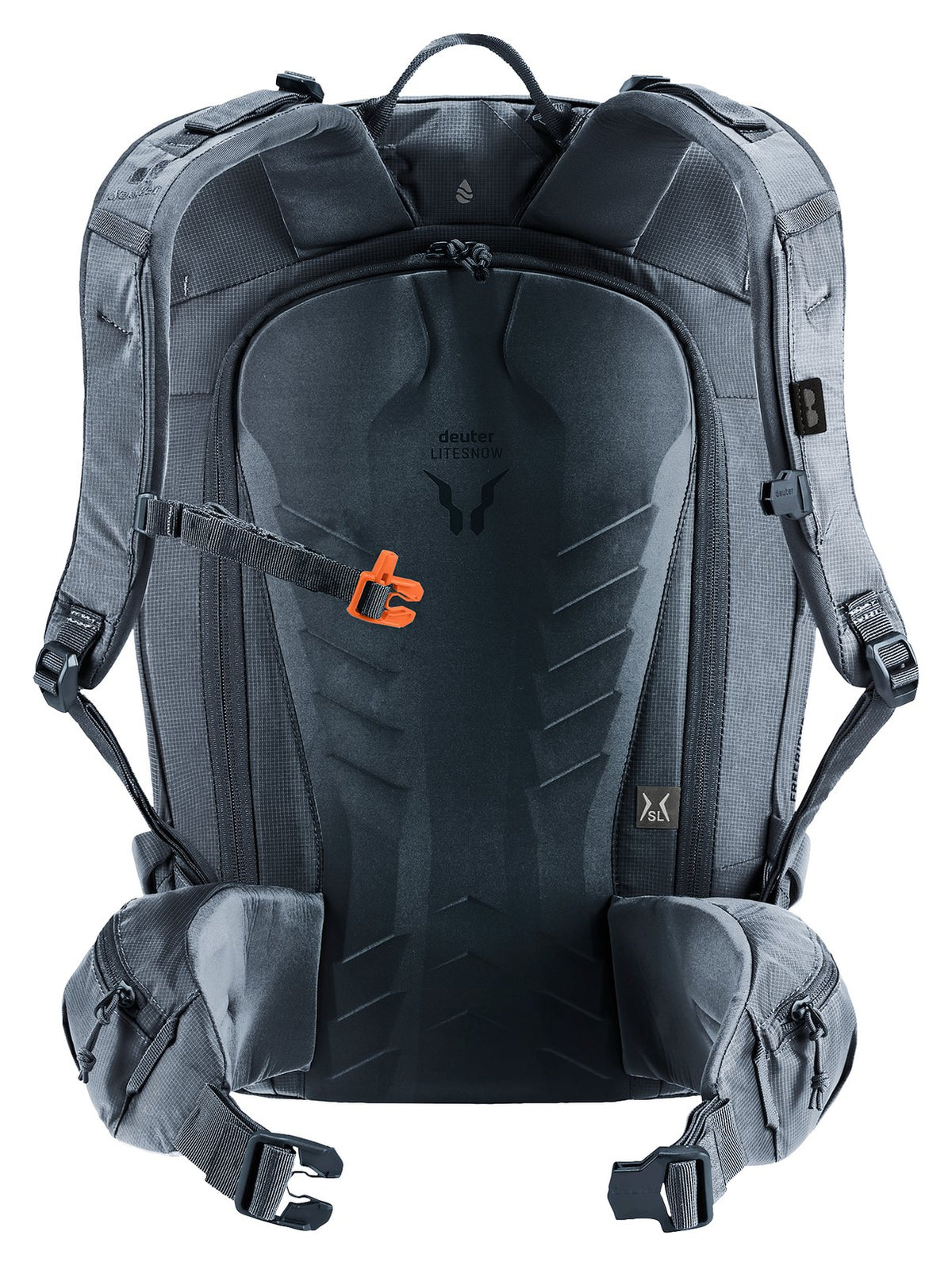 Back of the Deuter Freerider 22 SL showing the LiteSnow snow-shedding back panel and rear zip