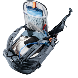 Deuter Freerider 22 SL opened through the rear clamshell zip with a hydration bladder and kit inside