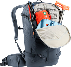 Deuter Freerider 24 avalanche pocket open with shovel blade, probe and first aid kit
