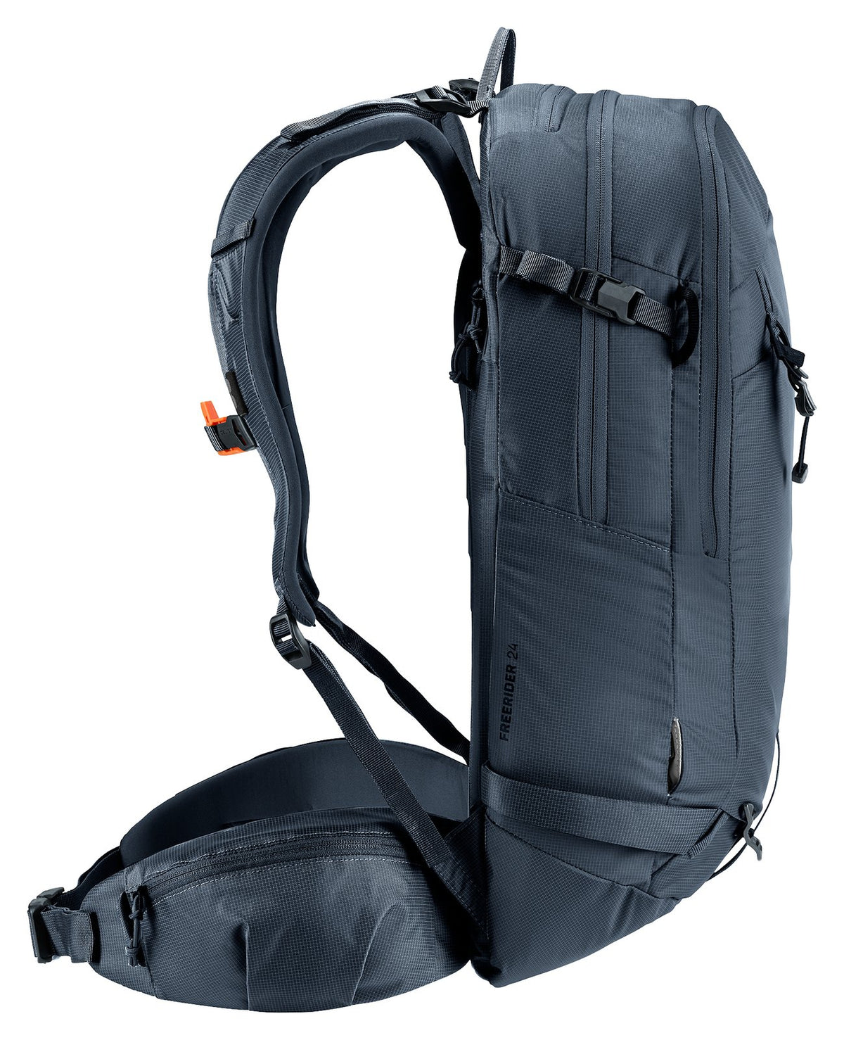 Deuter Freerider 24 in Black, side profile with ski strap and hip fin
