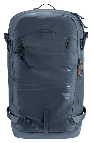 Deuter Freerider 24 in Black, straight-on front view with snowboard straps