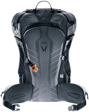 Back of the Deuter Freerider 28 SL showing the snow-shedding LiteSnow back panel and hip fins