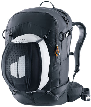Deuter Freerider 28 SL carrying a ski helmet in the detachable mesh helmet holder
