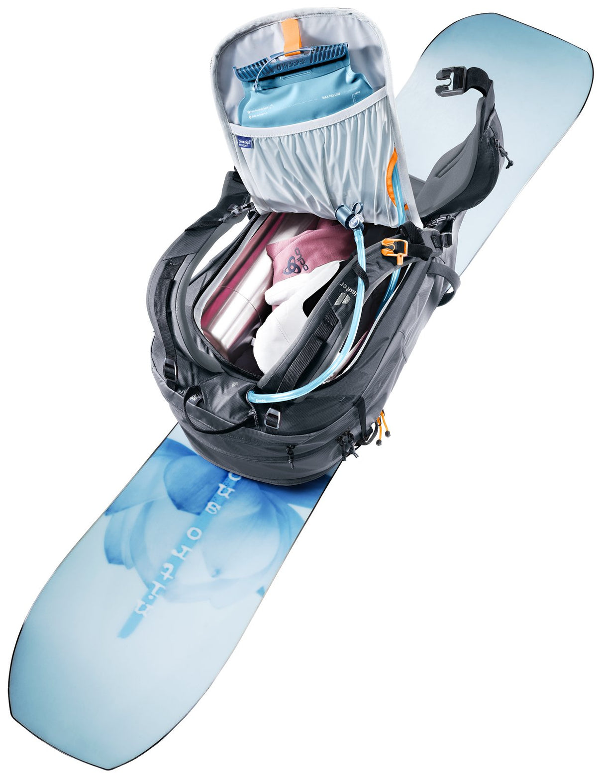 Deuter Freerider 28 SL rear opening unzipped with a snowboard still strapped to the front