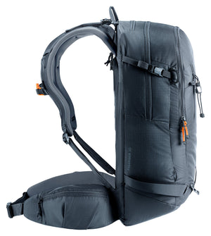 Deuter Freerider 30 in Black, side profile of the shoulder straps and hip fin