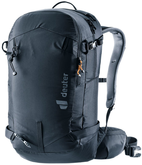 Deuter Freerider 30 ski backpack in Black, front three-quarter view with hip fins