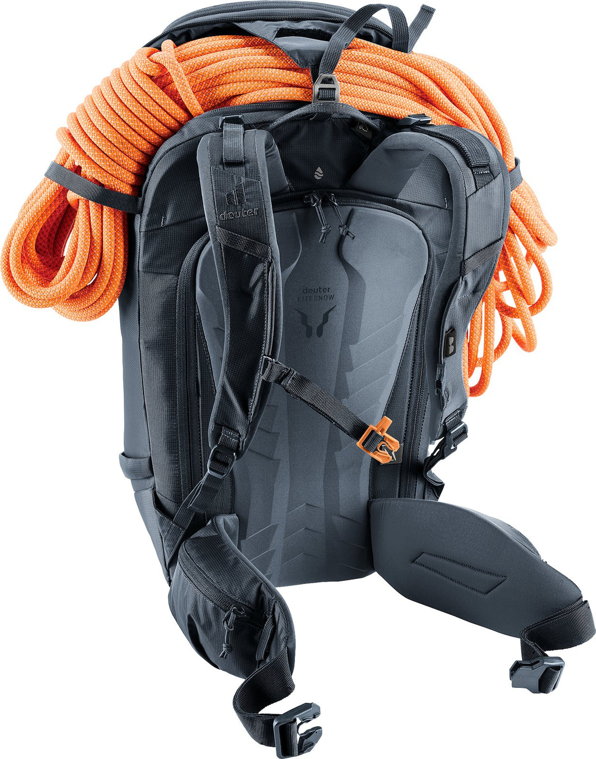 Back view of the Deuter Freerider Pro 30+10 SL with an orange climbing rope under the rope strap