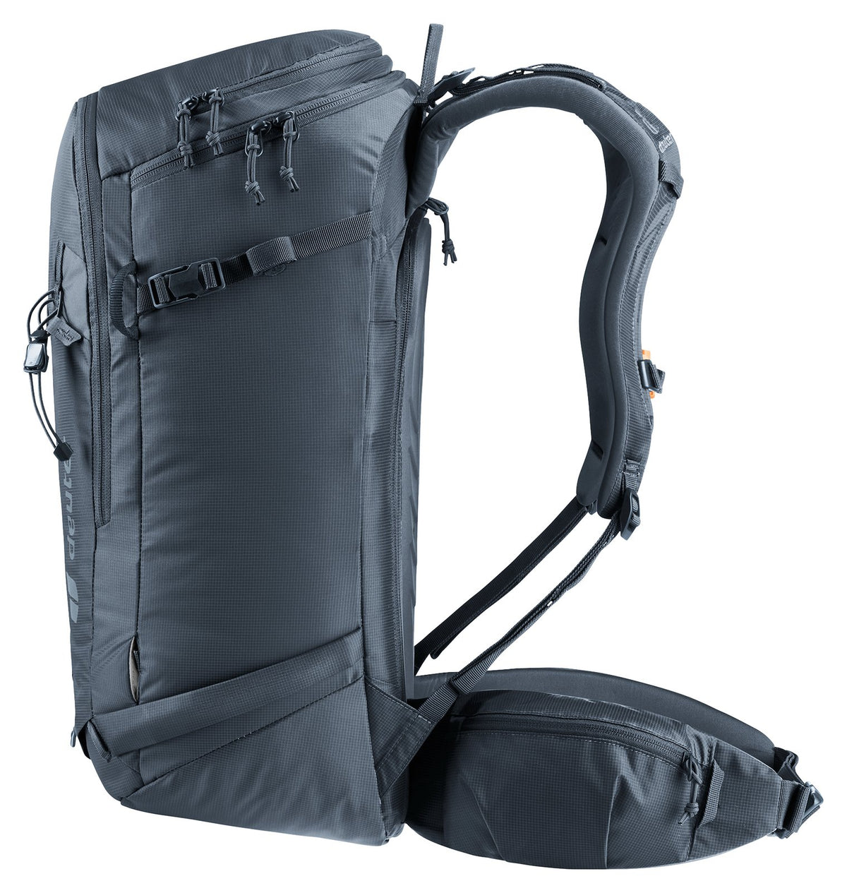Deuter Freerider Pro 30+10 SL in Black, side view with ski attachment straps