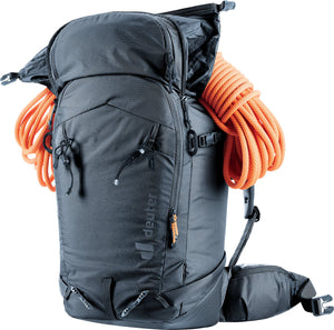 Deuter Freerider Pro 30+10 SL front view carrying a coiled orange rope on top
