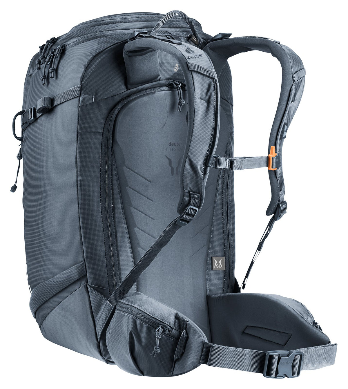 Deuter Freerider Pro 30+10 SL, rear three-quarter view of the U-shaped back panel zip