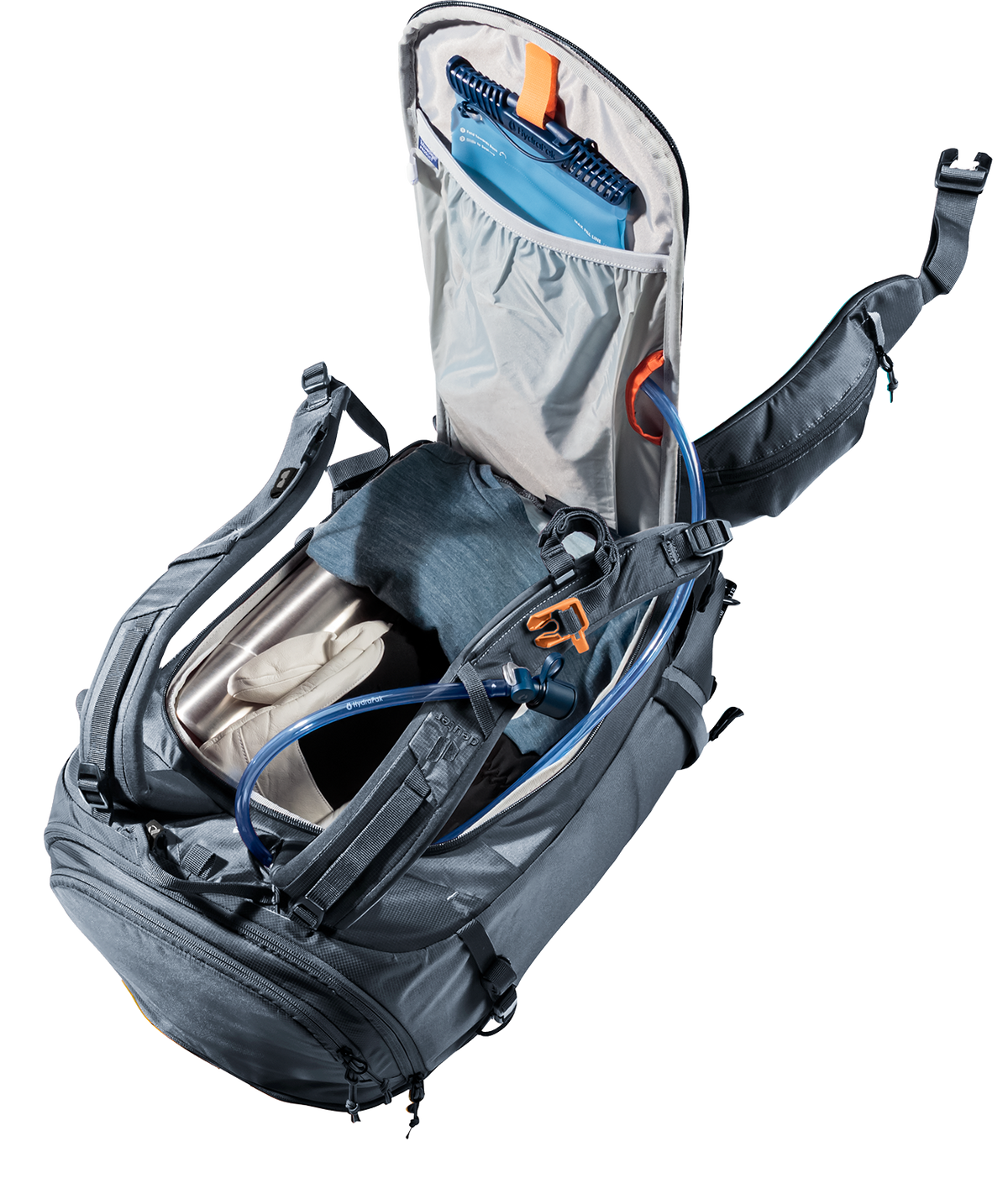 Deuter Freerider Pro 30+10 SL rear panel open showing a hydration bladder and packed main compartment