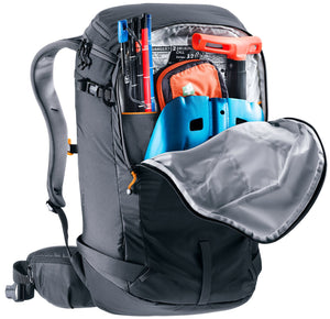 Deuter Freerider Pro 32+10 front pocket open holding a shovel and probe