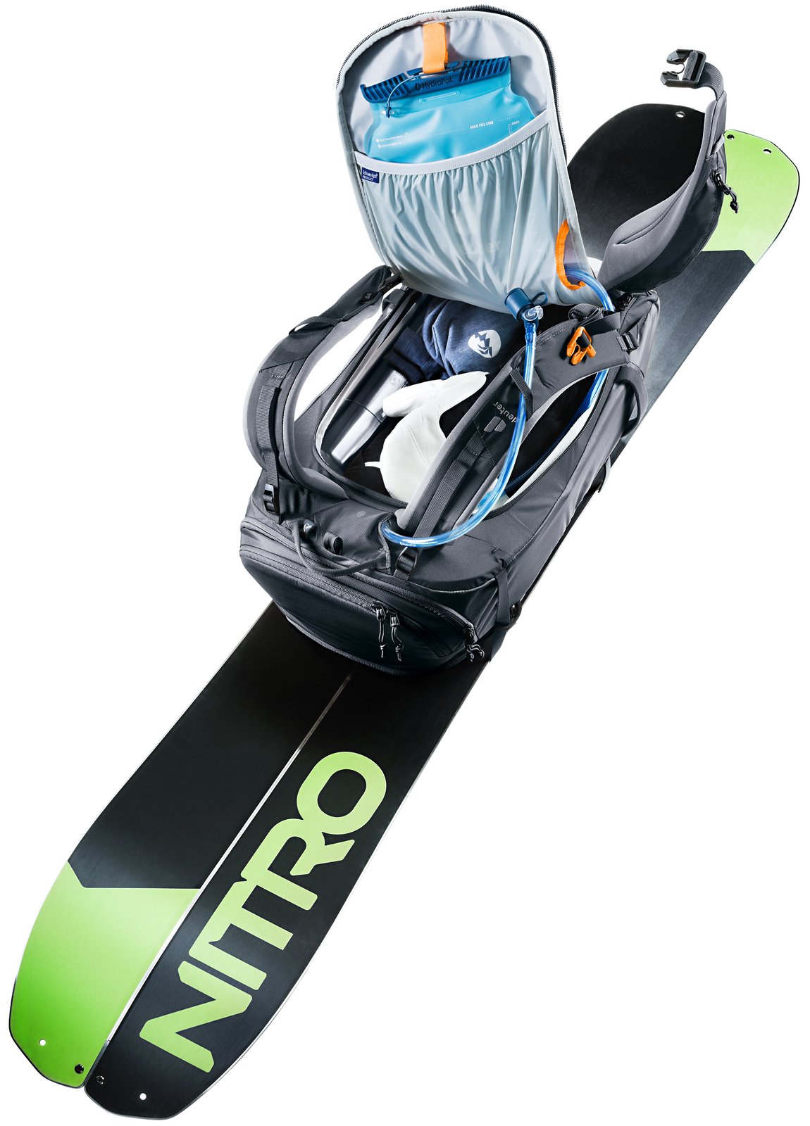 Deuter Freerider Pro 32+10 back panel unzipped with a snowboard attached and a bladder inside