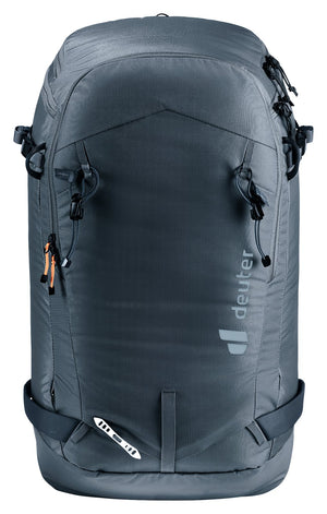 Deuter Freerider Pro 32+10 in Black, straight-on front view with ice axe loops