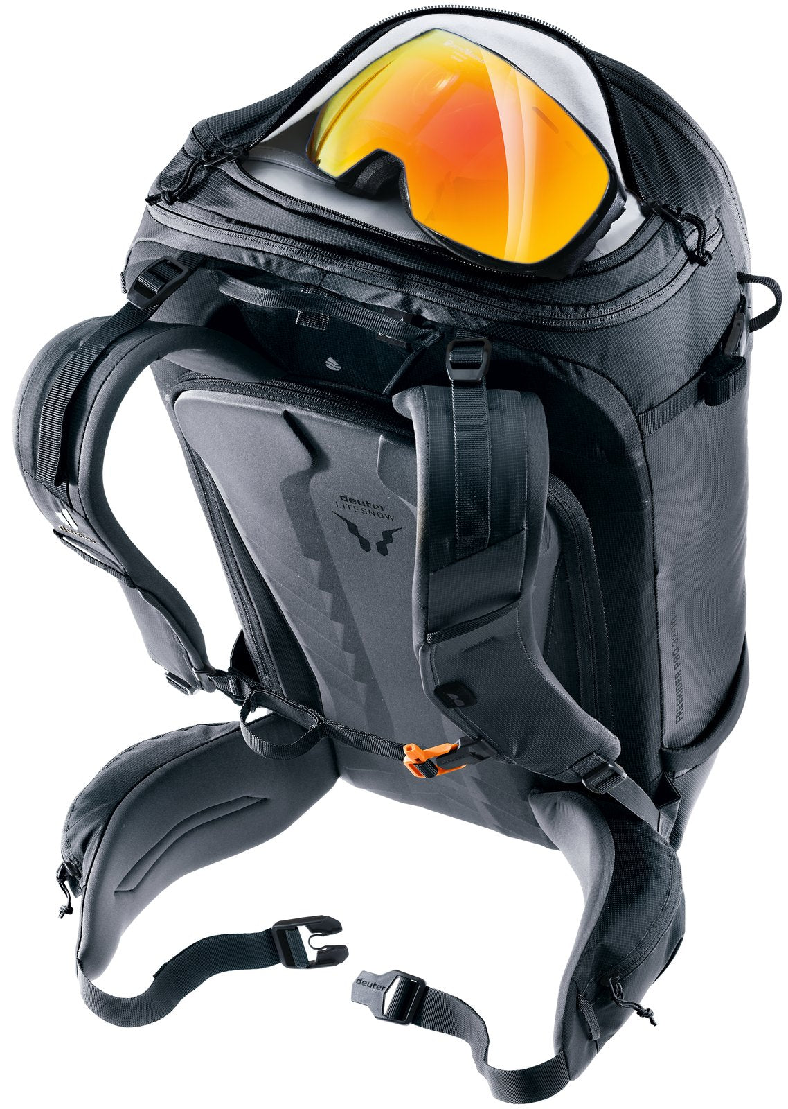 Deuter Freerider Pro 32+10 with ski goggles at the top of the pack