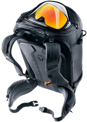 Deuter Freerider Pro 32+10 with ski goggles at the top of the pack