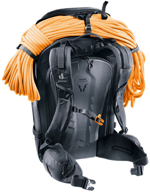 Deuter Freerider Pro 32+10 with a rope strapped over the top, rear view