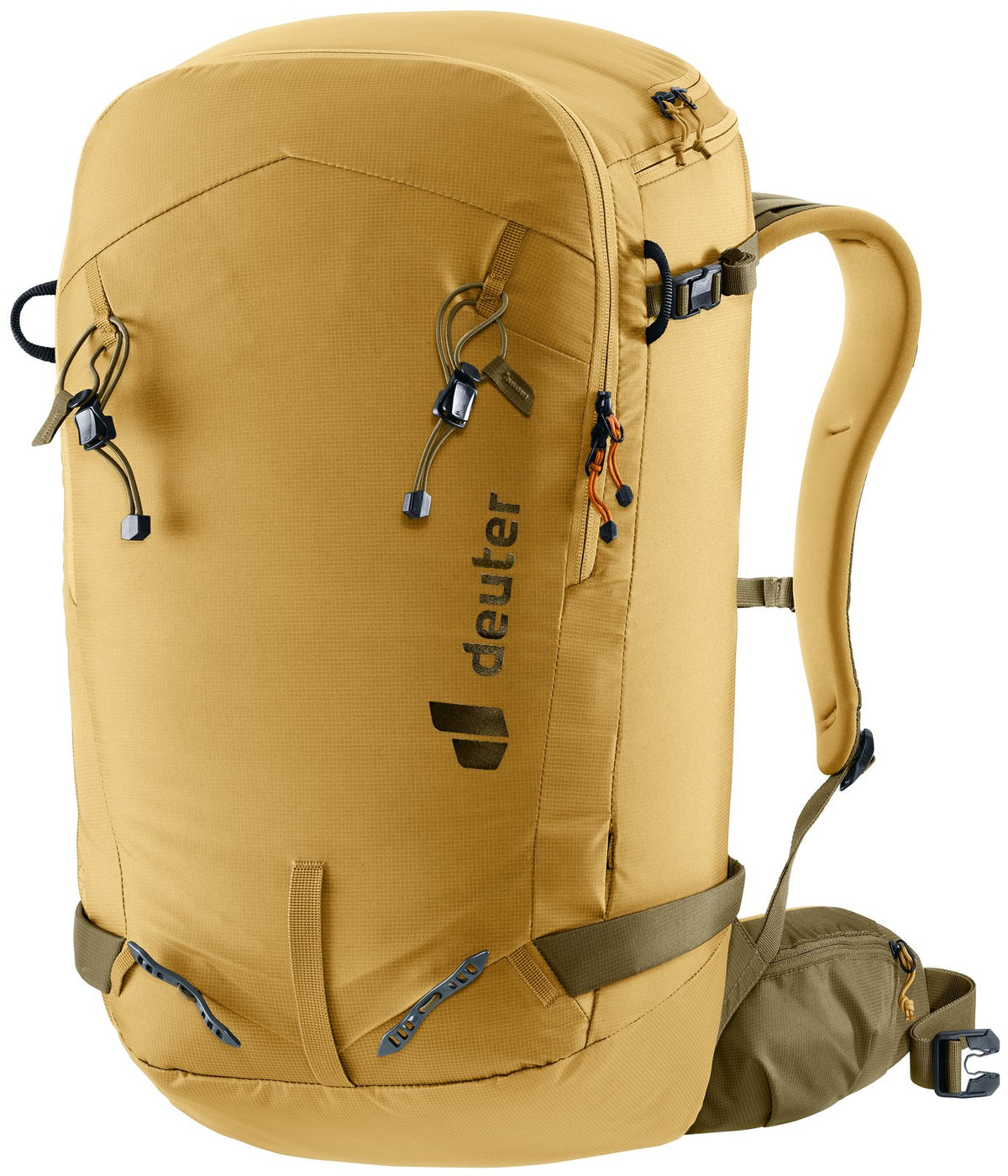 Deuter Freerider Pro 32+10 in Savanna Nori, mustard ski pack with olive hip fins