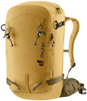 Deuter Freerider Pro 32+10 in Savanna Nori, mustard ski pack with olive hip fins