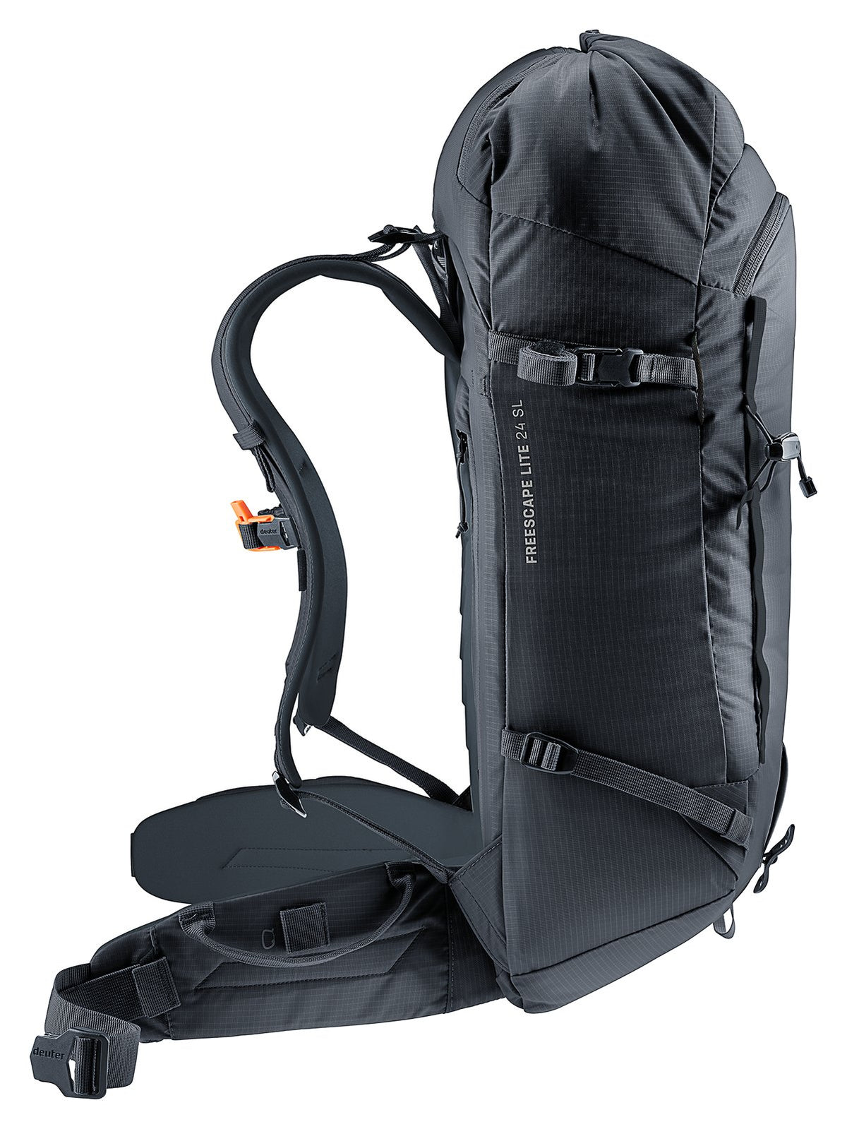 Deuter Freescape Lite 24 SL in Black, side profile with ski attachment straps