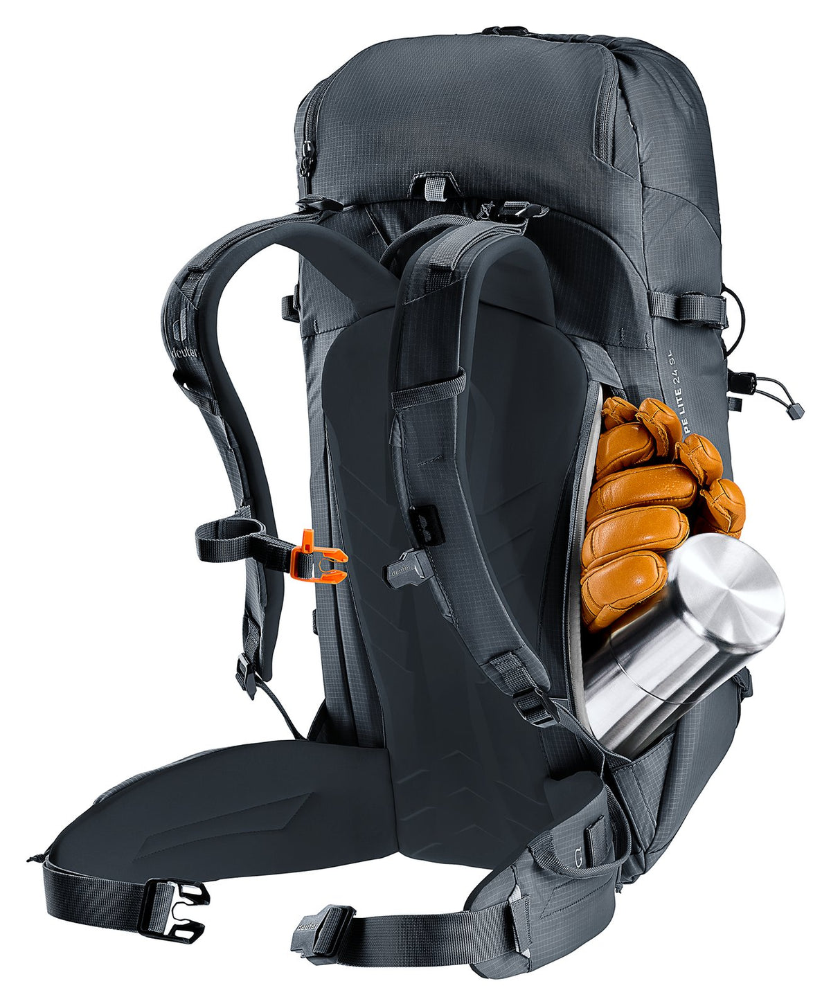 Deuter Freescape Lite 24 SL side access zip open showing gloves and a thermos