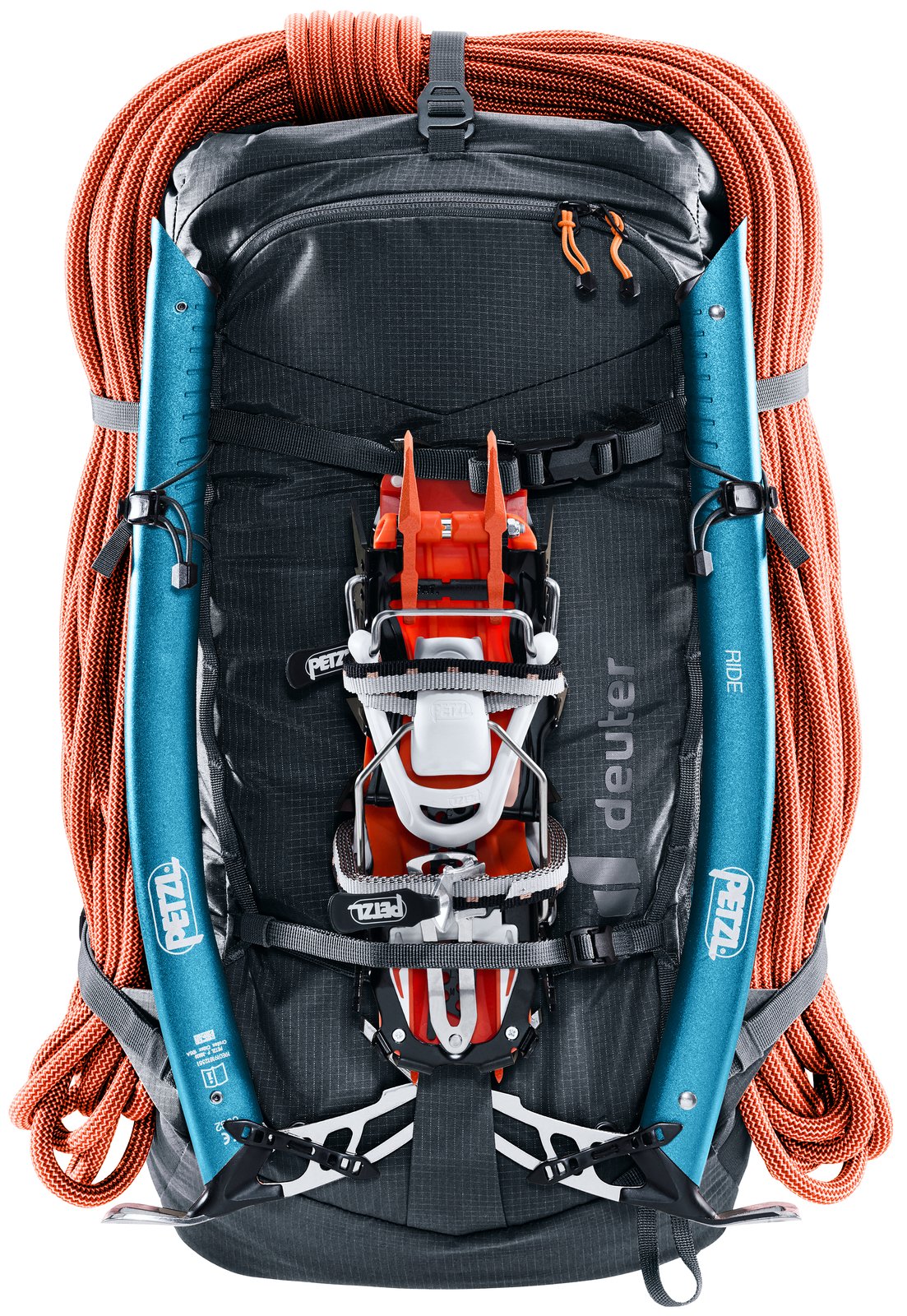 Deuter Freescape Lite 26 loaded with a rope, two ice axes and crampons on the outside