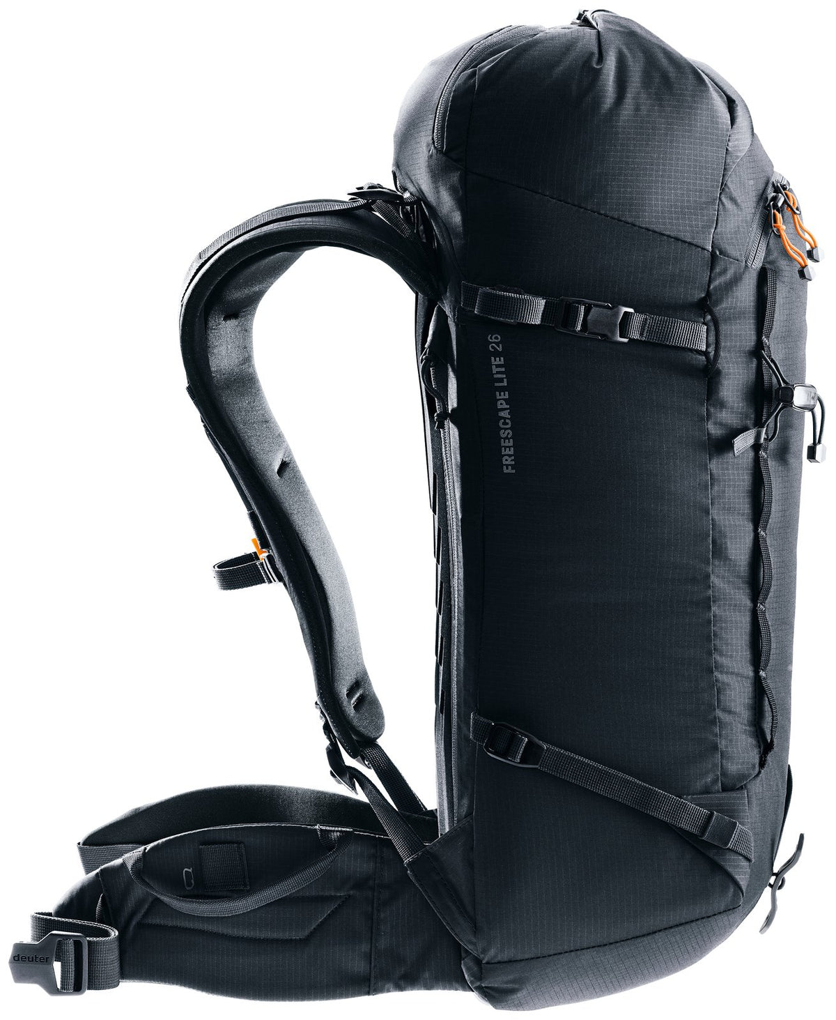 Side profile of the Deuter Freescape Lite 26 with compression straps and hip fin