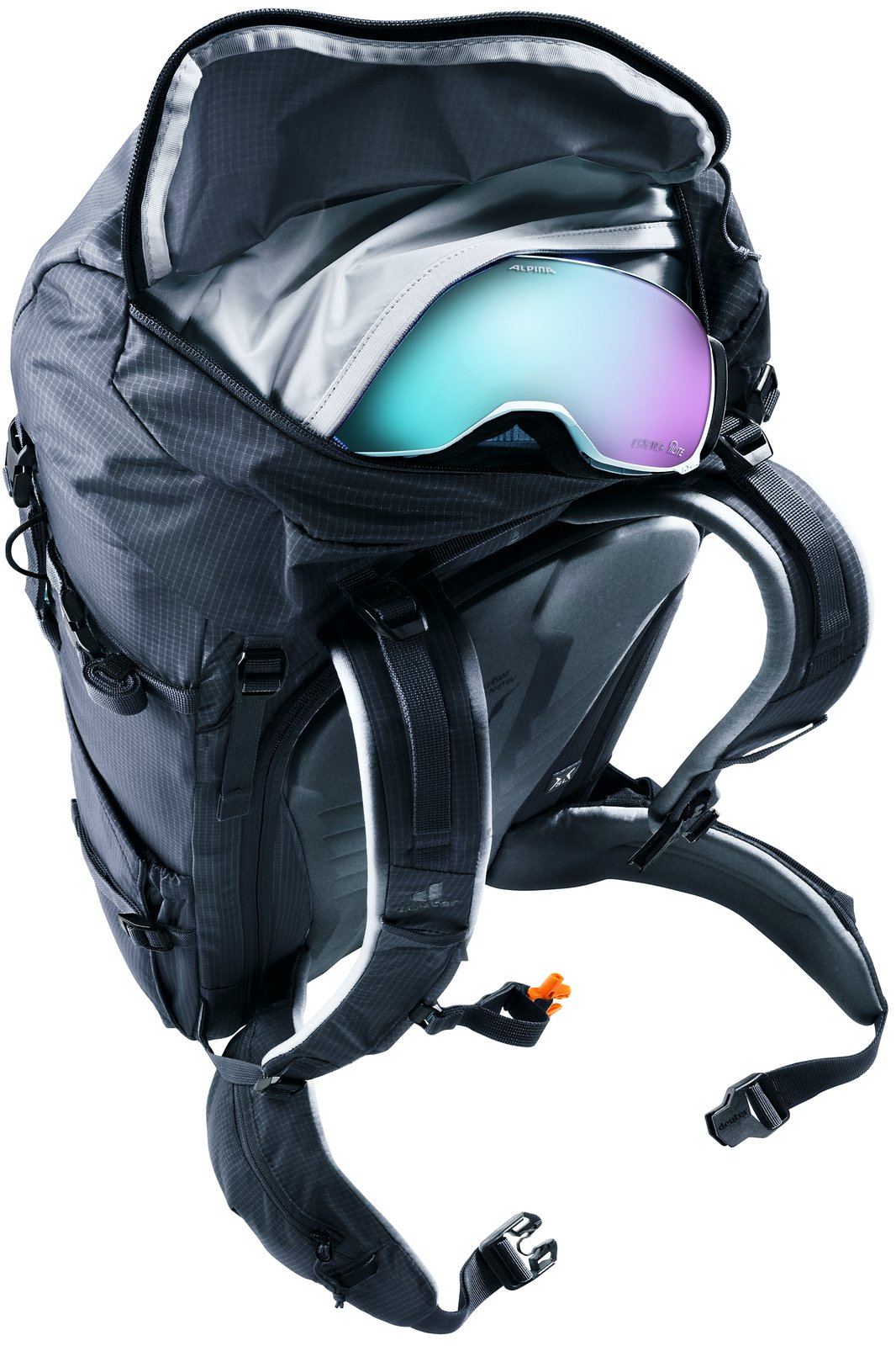 Ski goggles in the fleece-lined goggles pocket at the top of the Deuter Freescape Tour 30 SL