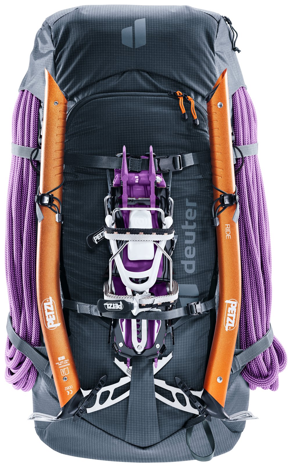 Deuter Freescape Tour 30 SL carrying a rope, two ice axes and crampons on the front