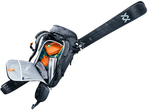 Deuter Freescape Tour 30 SL opened through the rear zip with skis still strapped on diagonally
