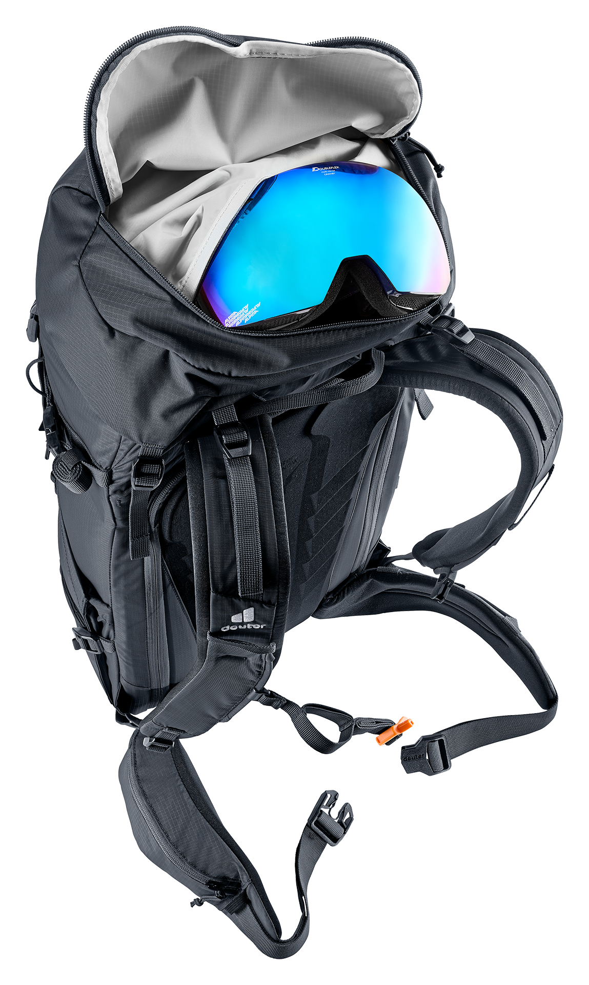 Deuter Freescape Tour 32 lid open showing goggles in the fleece-lined pocket