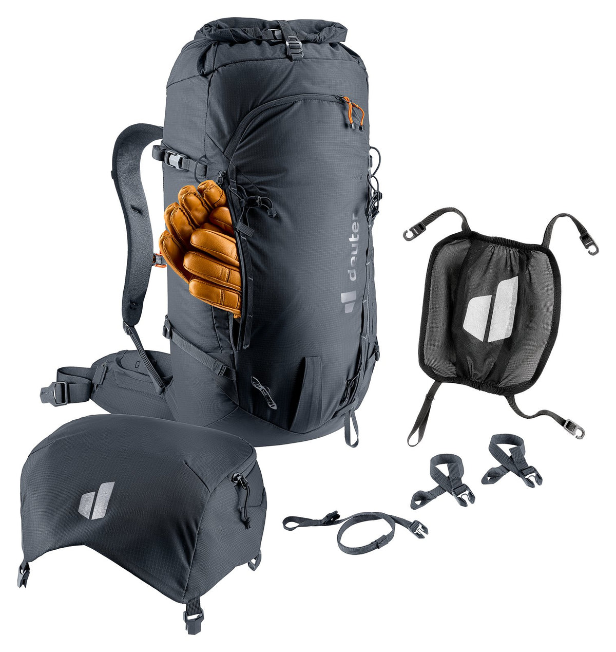 Deuter Freescape Tour 32 with detachable lid and mesh helmet holder laid out beside it