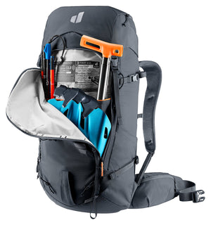 Deuter Freescape Tour 32 avalanche pocket open with shovel, probe and saw
