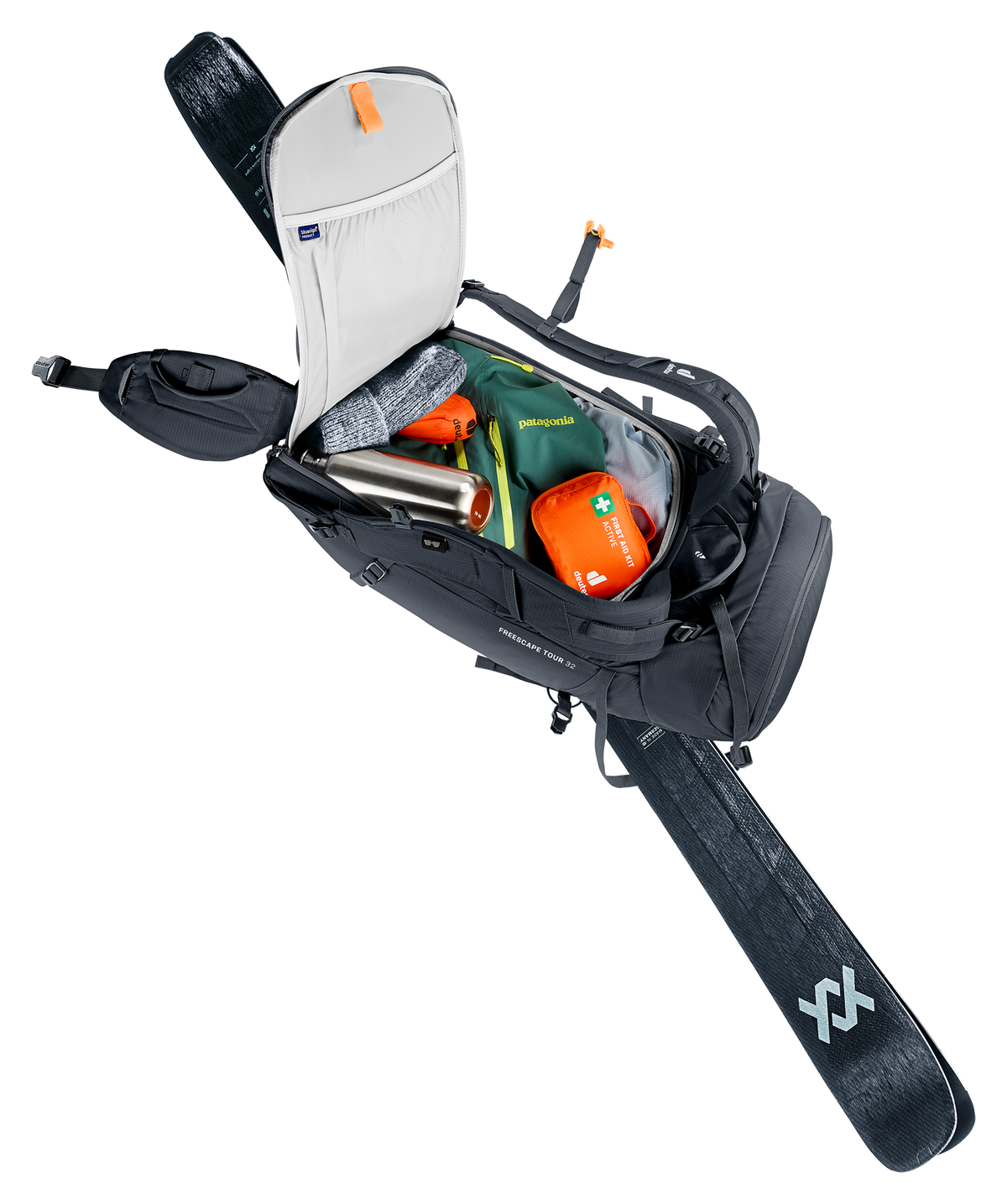 Deuter Freescape Tour 32 rear opening unzipped with a ski still attached