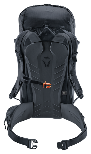 Back of the Deuter Freescape Tour 32 showing the LiteSnow back panel and hip fins