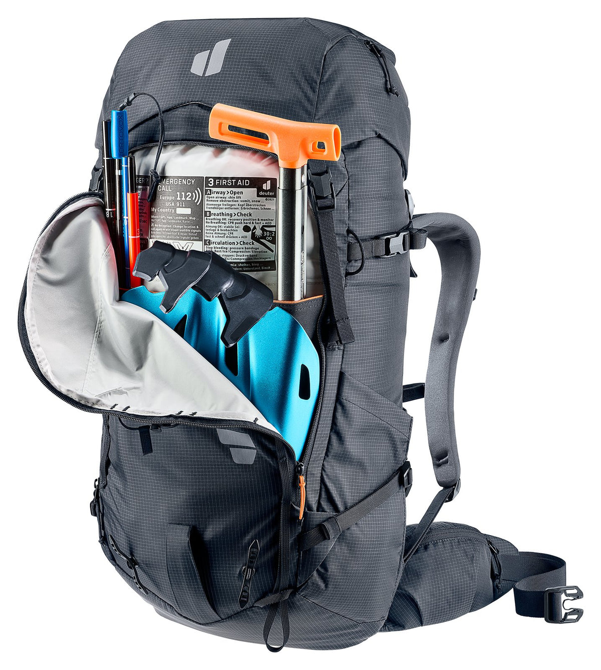 Deuter Freescape Tour 38 SL avalanche pocket open with shovel, probe and first aid kit