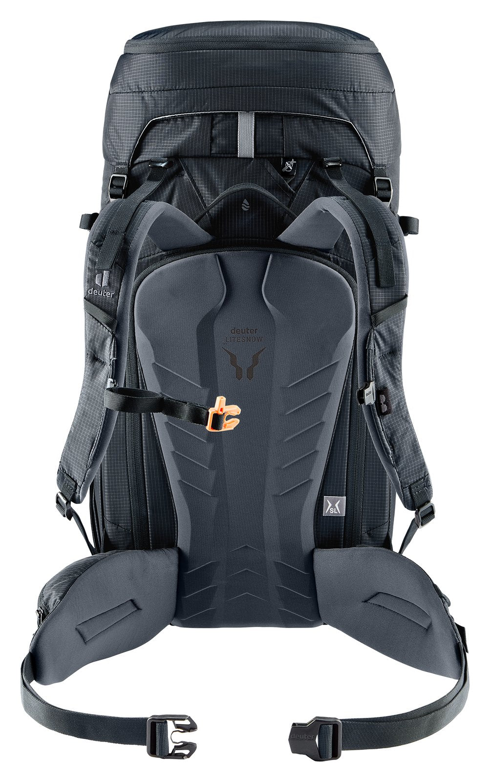 Back of the Deuter Freescape Tour 38 SL showing the LiteSnow back panel, shoulder straps and hip fins